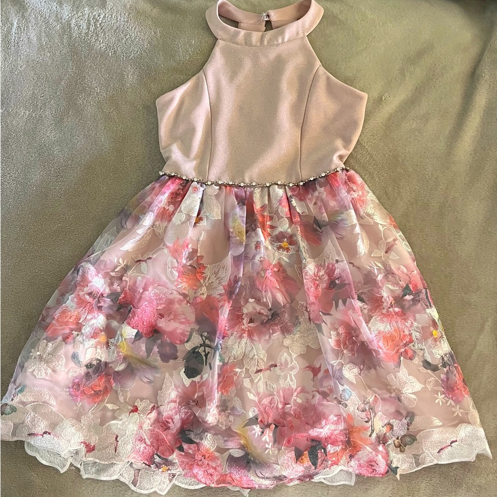 Rare Editions Girls size 14 Blush cutout bodice with layered floral skirt.